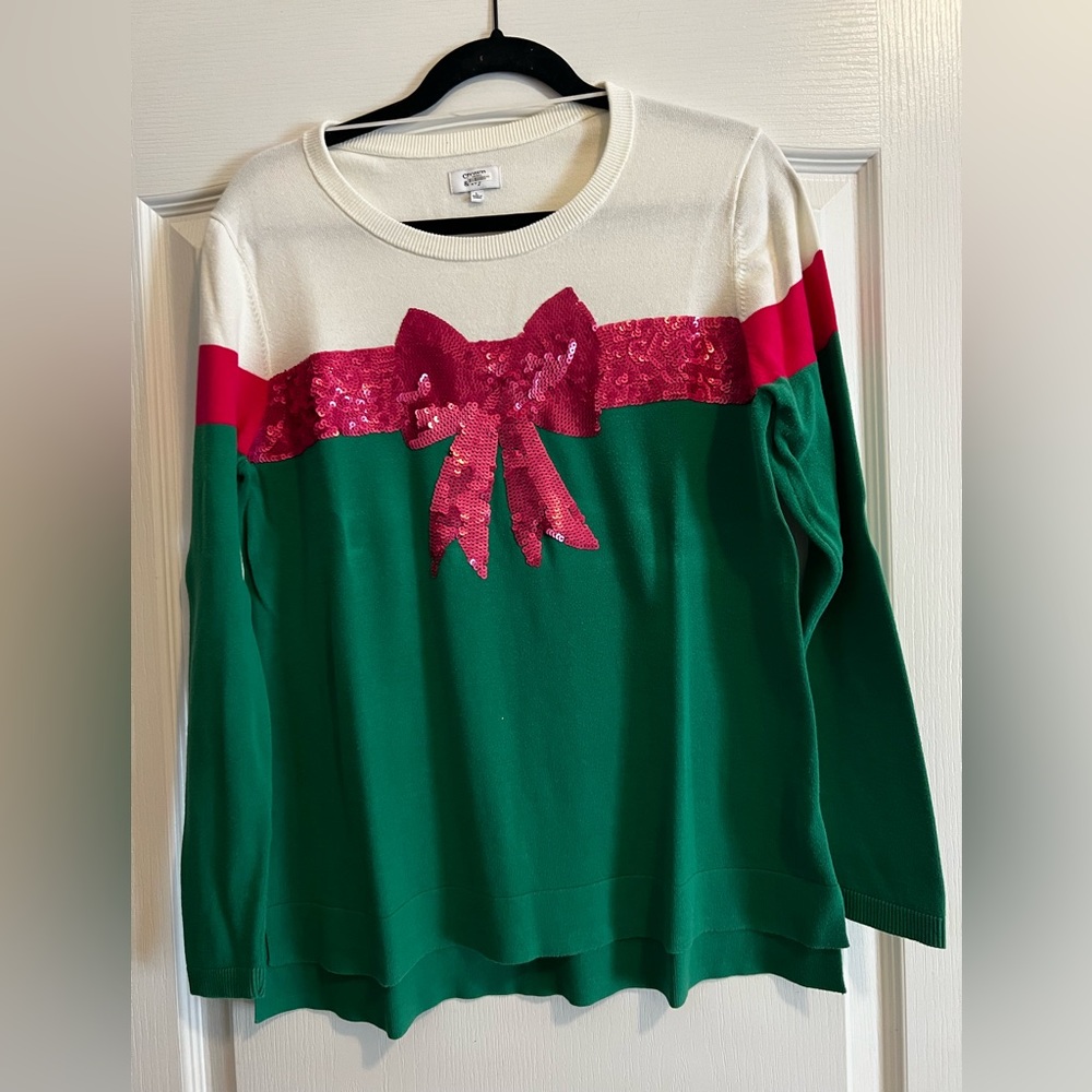 crown & ivy pink and green Christmas bow sweater